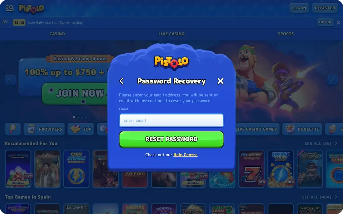 pistolo casino forget password