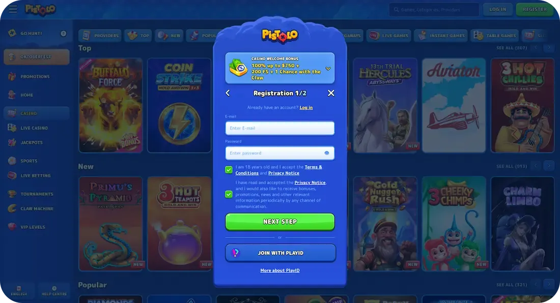 pistolo casino registration