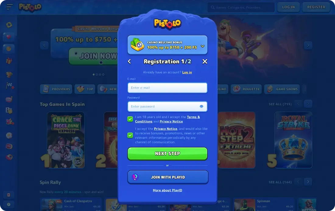 pistolo casino registration